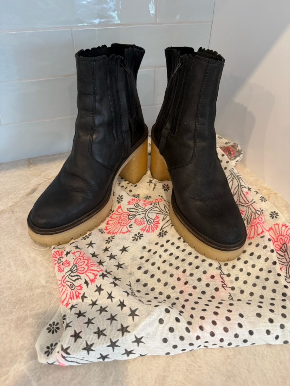Free People Black Ankle Boots with Tan Crepe Sole